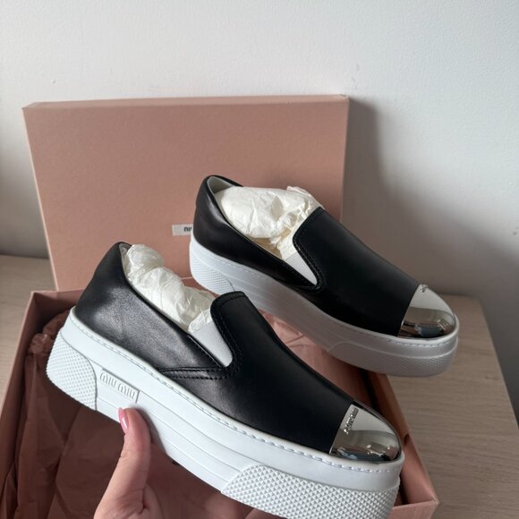 NWT Miu Miu Platform Slip-on Sneakers Black Leather Silver Toe Cap Sz 35.5 - Picture 6 of 13